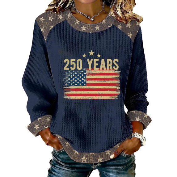 Womens Long Sleeve Crewneck Top 250 Years Printed Pullover Vintage Flag Graphic Casual Loose Fit Sweatshirt for Everyday Wear Dark Blue 3XL