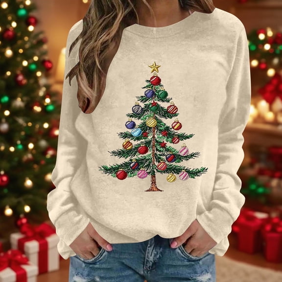Womens Long Sleeve Crewneck Tops Christmas Printed Thin Lightweight Sweatshirt Loose Fit Holiday Xmas Pullovers (2XL, Khaki)
