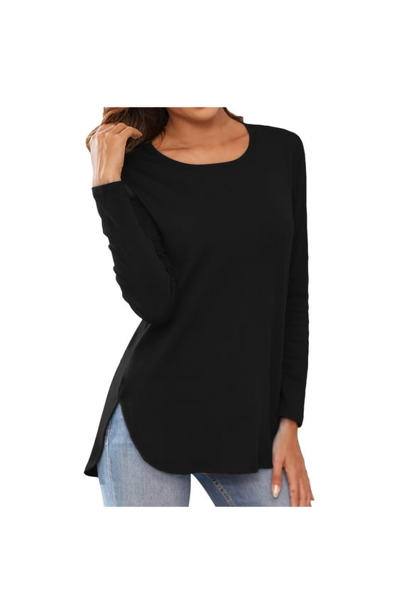 Womens Long Sleeve Crewneck Tunic Top - Side Split, Cotton Blend, Casual Fall Pullover, US/UK/EU Sizes, Pair with Jeans/Leggings