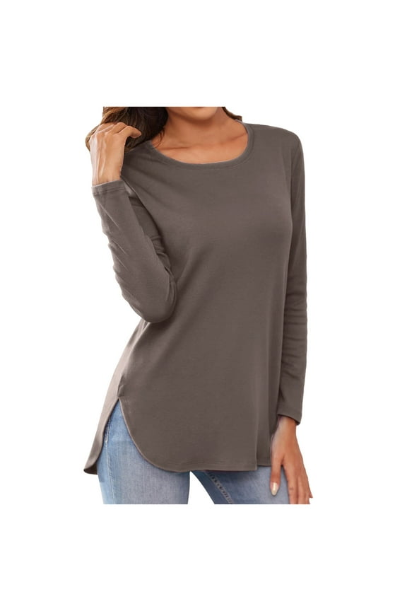 Womens Long Sleeve Crewneck Tunic Top - Side Split, Cotton Blend, Casual Fall Pullover, US/UK/EU Sizes, Pair with Jeans/Leggings