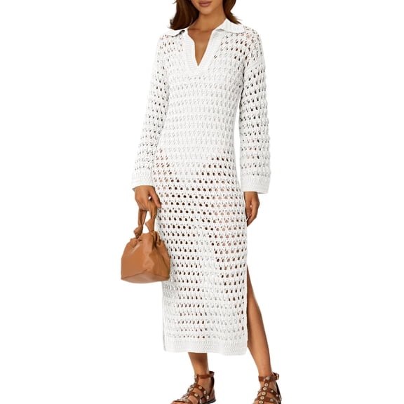 Womens Long Sleeve Crochet Swimsuit Cover Up V Neck Collared Mesh Knit Long Beach Coverup Maxi Dress