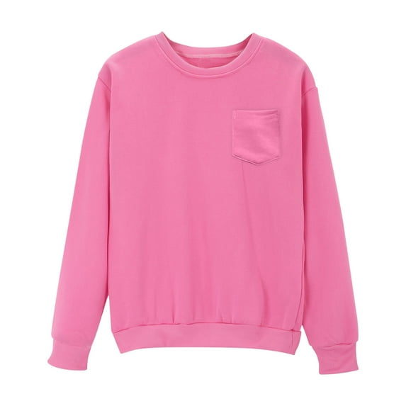 Womens Long Sleeve Crop Sweatshirt with Chest Pocket Comfy Loose Crewneck Plain Pullover Fall Winter Tops (2XL, Pink)