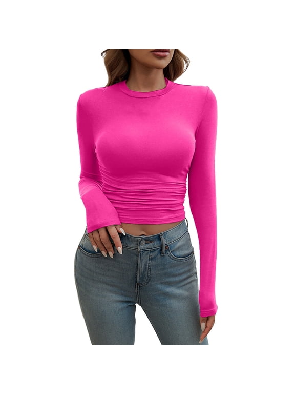 Womens Long Sleeve Crop Top,Crew Neck Y2K Shirt,Buttery Soft Slim Fitted Shirt,Casual Base Layer Soft Workout Shirt,Going Out Tops,Stretchy Basic Layering Tee for Fall, Winter & Spring Hot Pink S