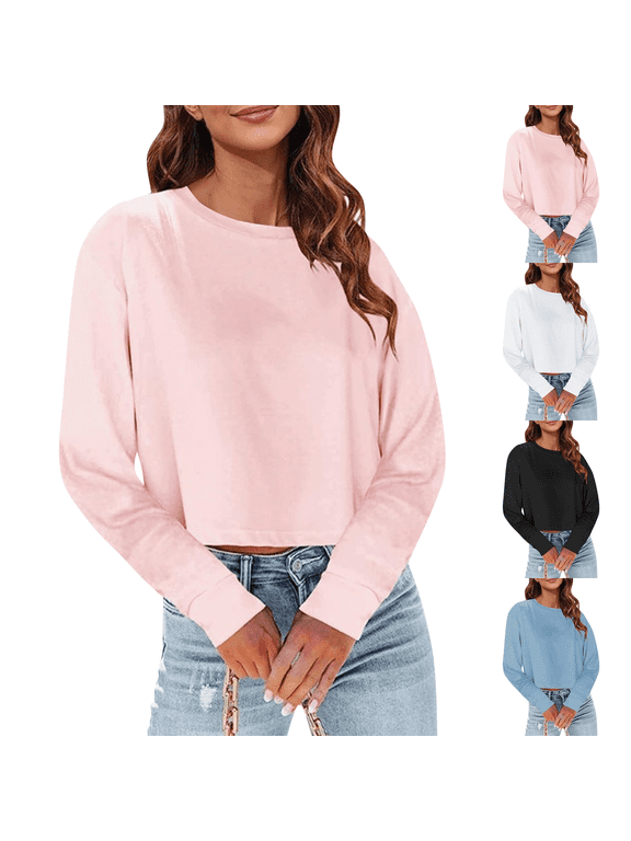 Womens Long Sleeve Crop Top Fall Casual Oversized T Shirts Lightweight Sweatshirt Basic T-Shirt Boxy Tees Loose Fit Daily Solid Boat Neck Spring Summer Trendy Pink M