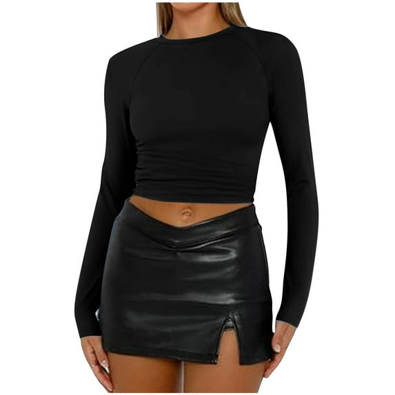 Womens Long Sleeve Crop Tops Basic Slim Fitted Shirts Spring Fashion Outfits 2026 Clothes