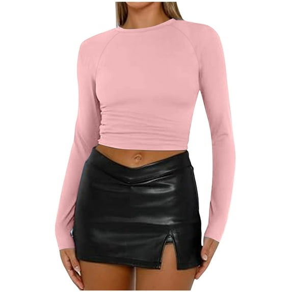 Womens Long Sleeve Crop Tops Basic Slim Fitted Shirts Spring Fashion Outfits 2026 Clothes