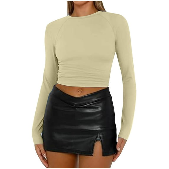 Womens Long Sleeve Crop Tops Basic Slim Fitted Shirts Spring Fashion Outfits 2026 Clothes