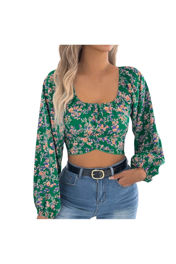 Womens Long Sleeve Crop Tops Cross Hem Floral Print Square Neck Going Out Blouse Tees Spring Fall Fashion (L, Green)