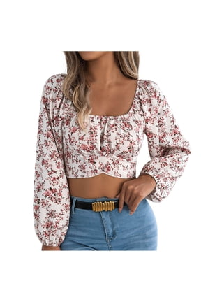 Womens Long Sleeve Crop Tops Cross Hem Floral Print Square Neck Going Out Blouse Tees Spring Fall Fashion (XL, White)