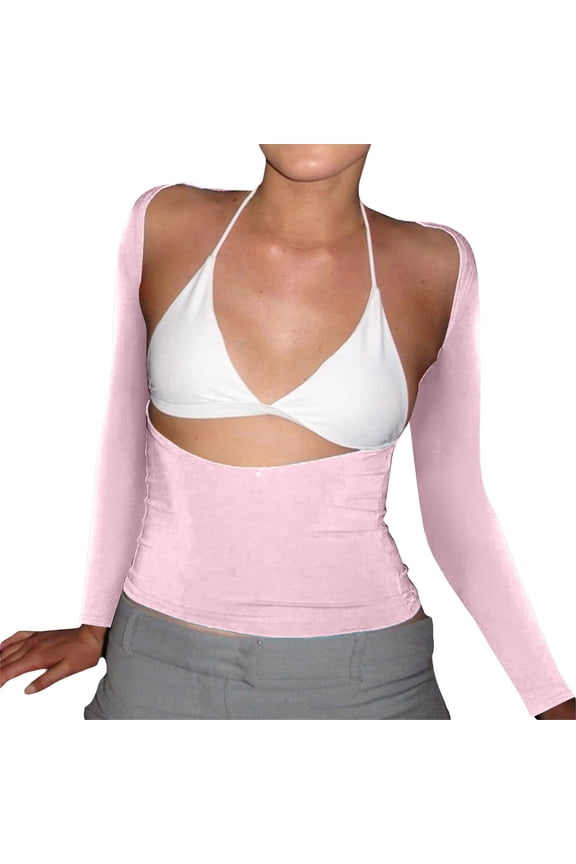 Womens Long Sleeve Crop Tops Shirts Fashion Solid Backless Casual Short Sleeve Short Fall Clothes for Women Tees Blouses