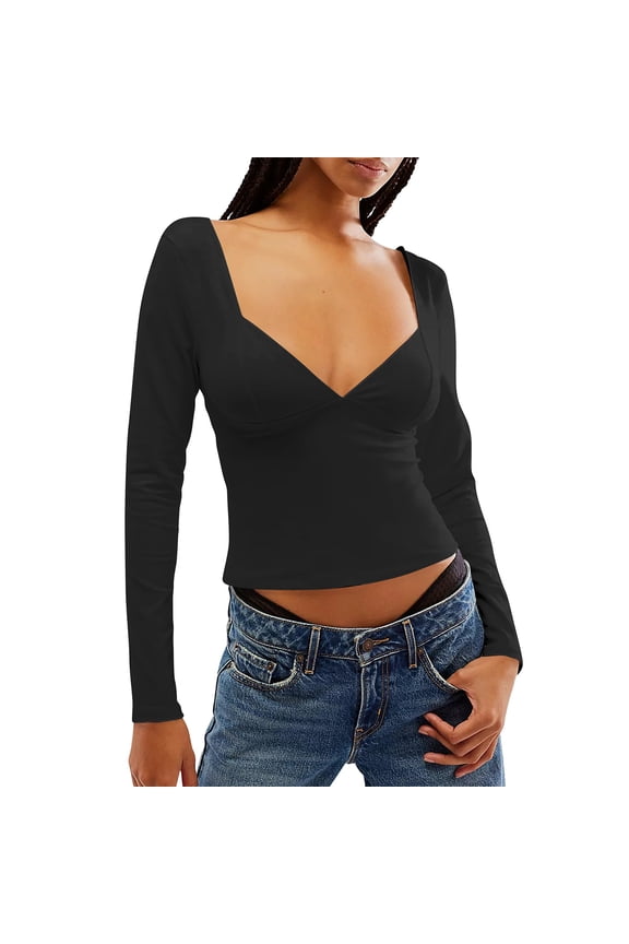 Womens Long Sleeve Crop Tops Sweetheart Neck Side Slit Open Back T Shirt Y2k Slim Fit Cute Going Out Top Fall