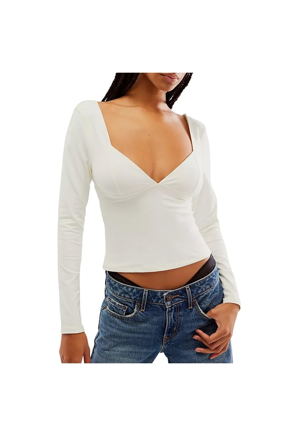 Womens Long Sleeve Crop Tops Sweetheart Neck Side Slit Open Back T Shirt Y2k Slim Fit Cute Going Out Top Fall