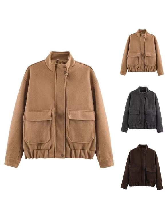 Womens Long Sleeve Cropped Coat Boxy Fit Casual Short Jacket Zip up Going Out Outerwear for Daily Vacation