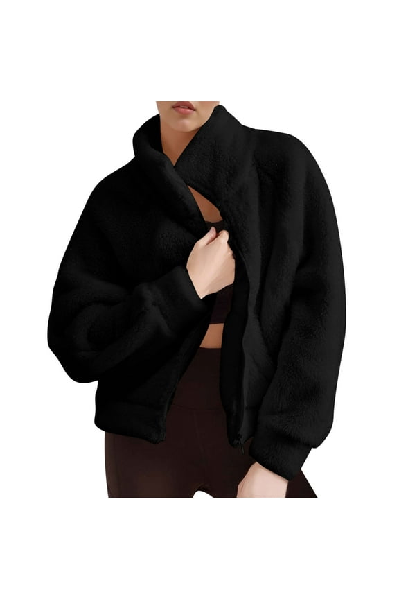 Womens Long Sleeve Cropped Sherpa Fleece Jacket Casual Teddy Zip Up Fuzzy Coat Fall Winter Fluffy Outerwear