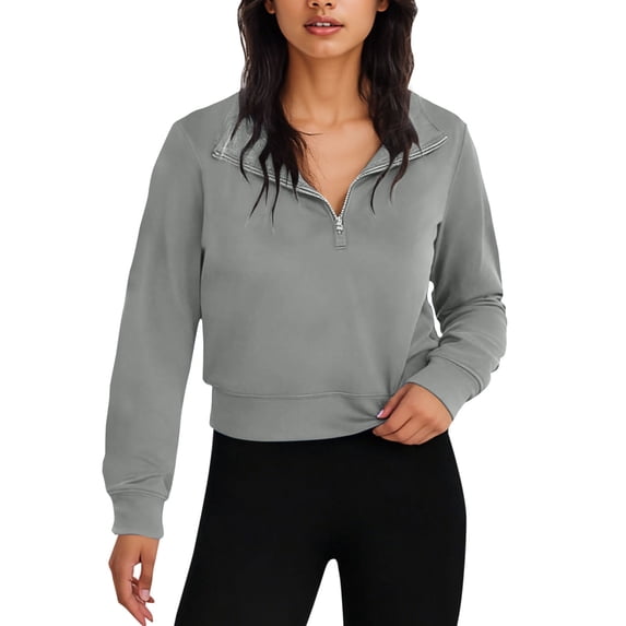 Womens Long Sleeve Cropped Sweatshirts Lapel Zipper V-Neck Tops Solid Color Slim Fit 2025 Fall Clothes Pullover Shirts