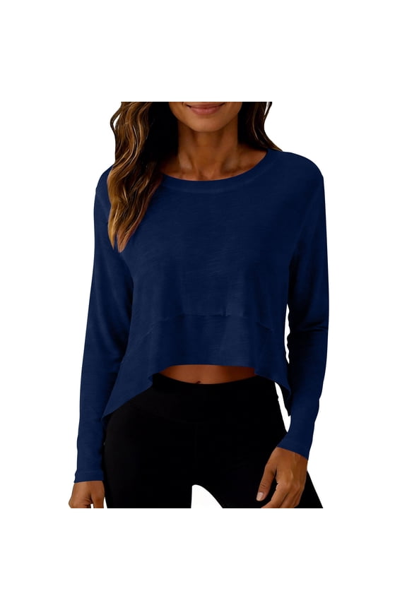 Womens Long Sleeve Cropped Top, Athletic Workout Shirt for Yoga Gym Lounge, Nylon Spandex Hi-Lo Hem Comfort Fit Casual Wear in Navy,Size S