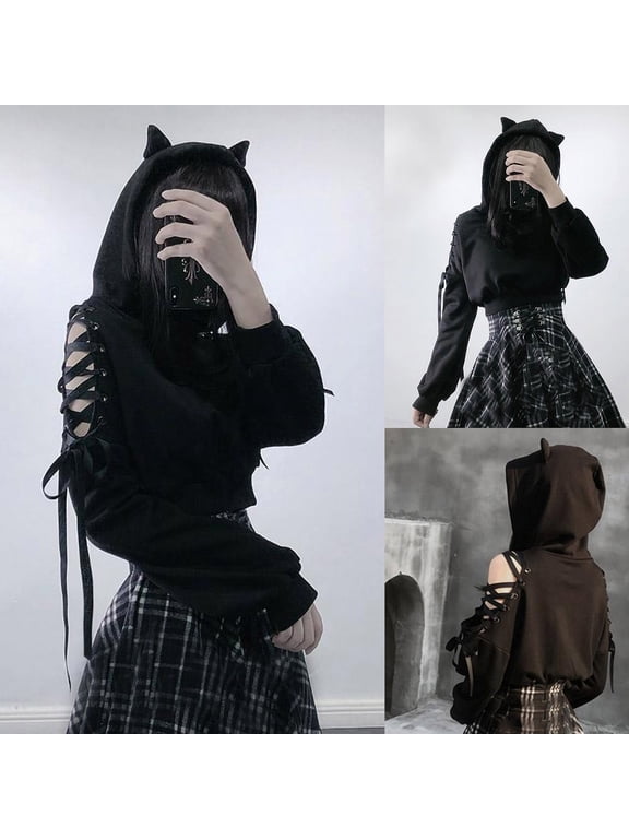Womens Long Sleeve Cute Cat Ear Pullover Hoodie Crop Top Gothic Cold Shoulder Lace Up Y2k E-Girl Oversized Sweatshirt
