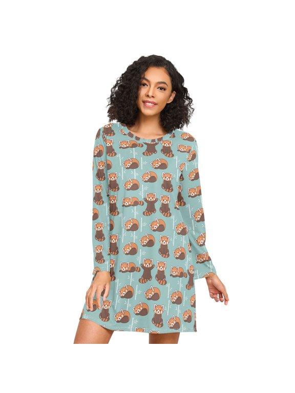 Womens Long Sleeve Cute Red Panda Printed Nightgown Loose Round Neck A-Line Sleep Shirt Dress Casual Above Knee Loungewear