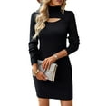thumbnail image 1 of Womens Long Sleeve Cutout Front Sweater Dress Turtleneck Bodycon Solid Color Ribbed Knit Package Hip Dresses, 1 of 3