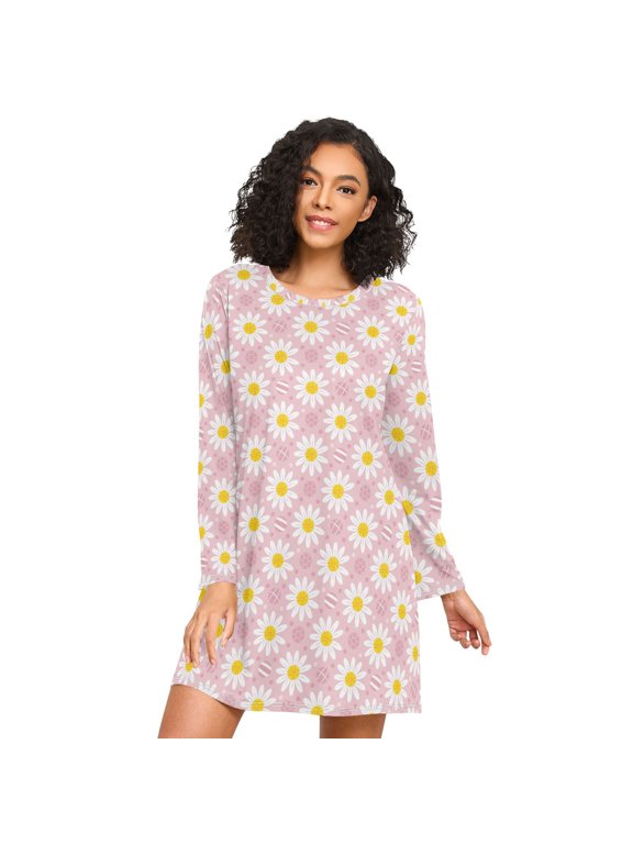 Womens Long Sleeve Daisy Flowers Polka Dots Printed Nightgown Loose Round Neck A-Line Sleep Shirt Dress Casual Above Knee Loungewear