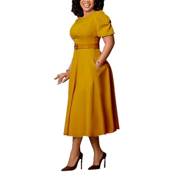 Womens Long Sleeve Deep Crew Neck Formal Dress Pleated Waist Knee Length Dresses