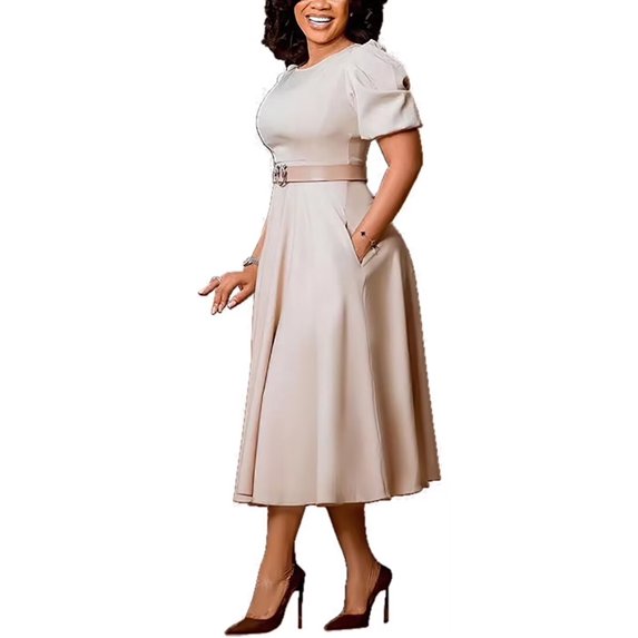 Womens Long Sleeve Deep Crew Neck Formal Dress Pleated Waist Knee Length Dresses