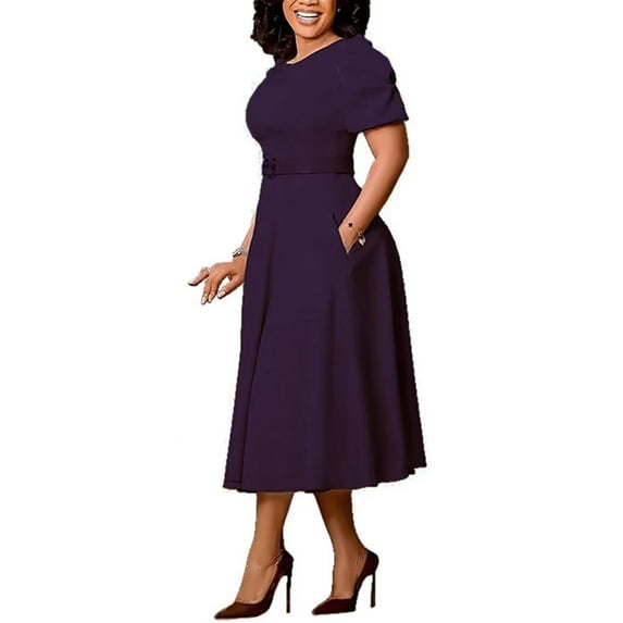 Womens Long Sleeve Deep Crew Neck Formal Dress Pleated Waist Knee Length Dresses