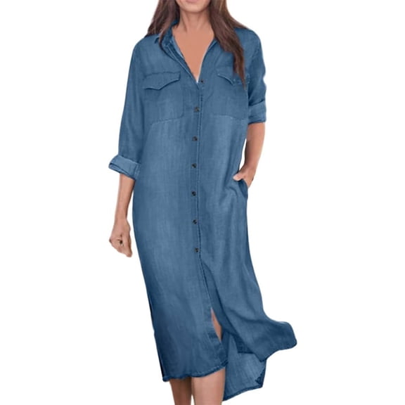 Womens Long Sleeve Denim Dress, Button Shirt Solid Casual Maxi Jean Dresses, Loose Fitting Blouse Dress with Pockets Boho Wedding Dress Blue L