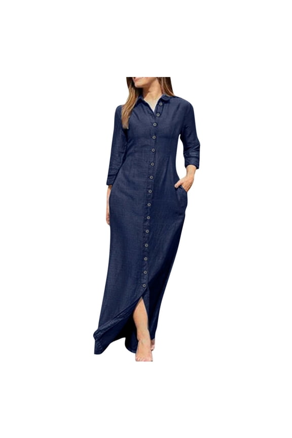 Womens Long Sleeve Denim Dress Casual Button Down Shirt Dress Loose Fit Laper Spring Maxi Jean Dresses