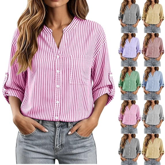 Womens Long Sleeve Dqueduo Women's Casual Long Sleeve Striped V Neck Button Down Cardigan Shirt With Pocket And Roll Tab Sleeves Pink XL