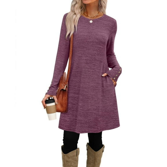 Womens Long Sleeve Dress Fall Outfits with Buttons Purple XL
