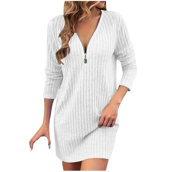 Womens Long Sleeve Dress with Zipper V Neck Ribbed Knit Sweater Dress Short Length Fashion Casual Fall Outfits (M, White)