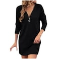 thumbnail image 1 of Womens Long Sleeve Dress with Zipper V Neck Ribbed Knit Sweater Dress Short Length Fashion Casual Fall Outfits (XL, Black), 1 of 7