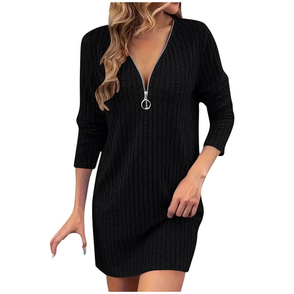 Womens Long Sleeve Dress with Zipper V Neck Ribbed Knit Sweater Dress Short Length Fashion Casual Fall Outfits (XL, Black)