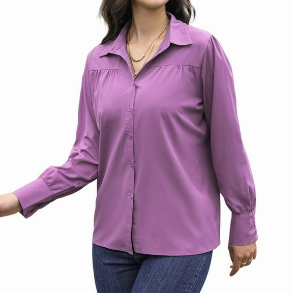 Womens Long Sleeve Dressy Casual Button Down Collared Tops Elegant Pleated Front Work Blouse  L