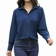 thumbnail image 1 of Womens Long Sleeve Dressy Casual Button Down Collared Tops Elegant Pleated Front Work Blouse Navy Blue S, 1 of 5