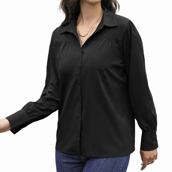 Womens Long Sleeve Dressy Casual Button Down Collared Tops Elegant Pleated Front Work Blouse