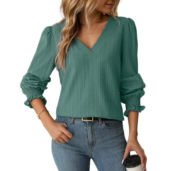 Womens Long Sleeve Dressy Casual Tops Fall Shirts Pleated V Neck Loose Tunic Summer Fall Blouses
