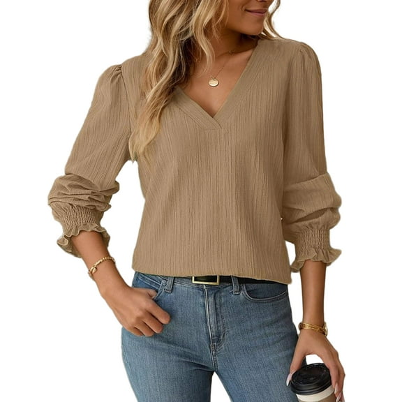 Womens Long Sleeve Dressy Casual Tops Fall Shirts Pleated V Neck Loose Tunic Summer Fall Blouses