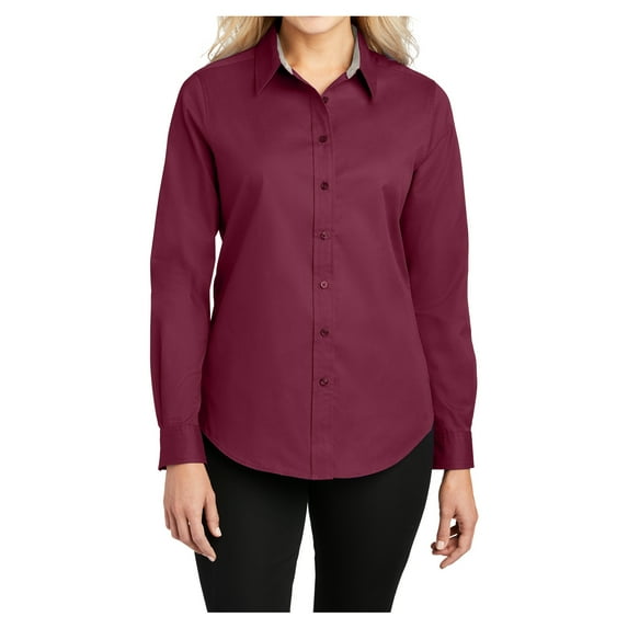 Womens Long Sleeve Easy Care Cotton/Polyester Shirt Burgundy/Light Stone 4XL