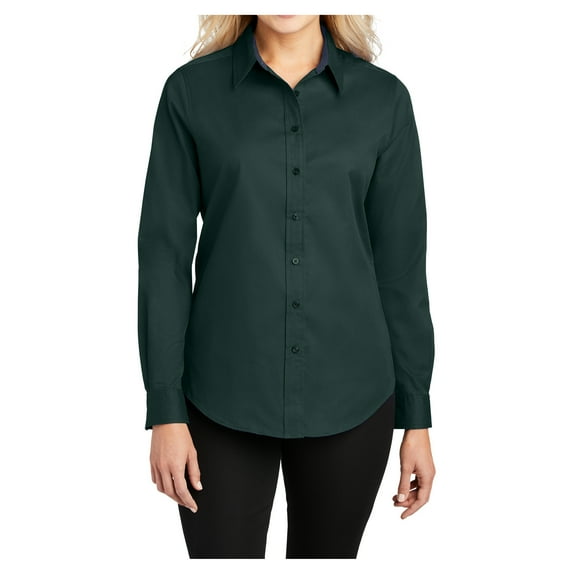 Womens Long Sleeve Easy Care Cotton/Polyester Shirt Dark Green/Navy XS