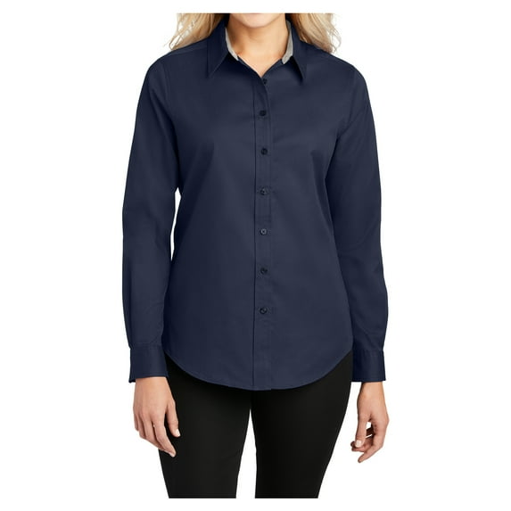 Womens Long Sleeve Easy Care Cotton/Polyester Shirt Navy/Light Stone L
