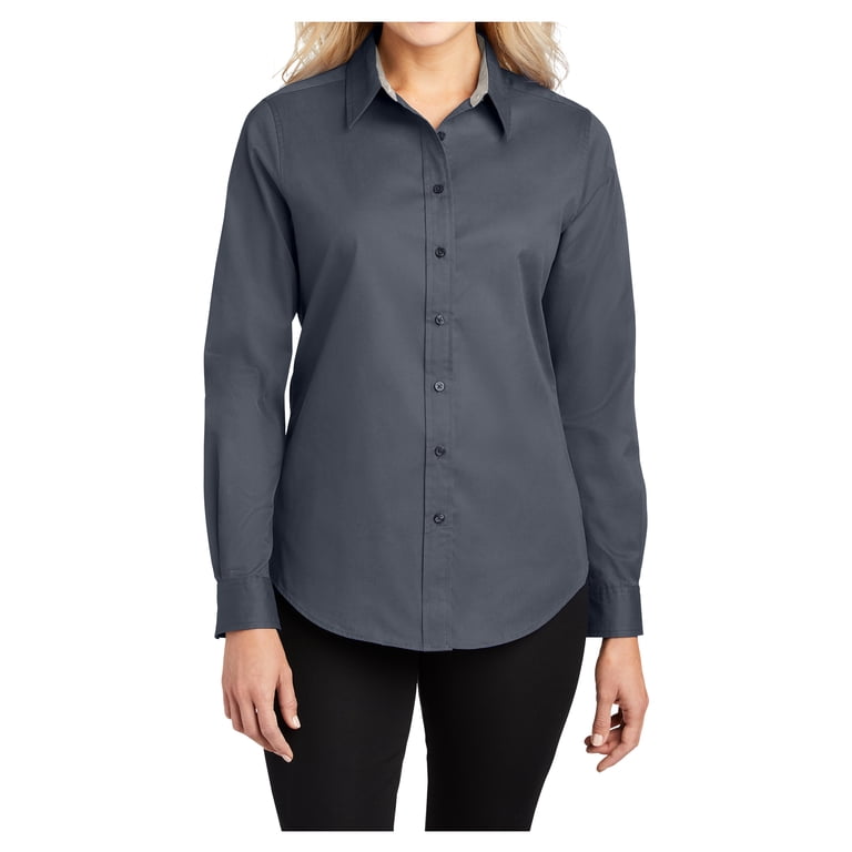 Womens Long Sleeve Easy Care Cotton/Polyester Shirt Steel Grey/Light Stone  M - Walmart.com