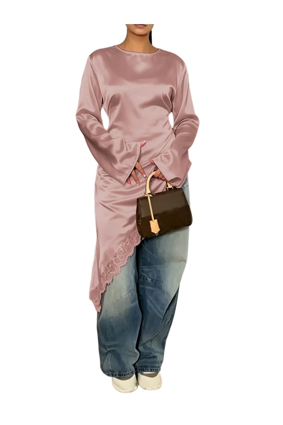 Womens Long Sleeve Elegant Blouse Lace Trim Ruched Back Tie Design Casual Work Tops Dark Pink L