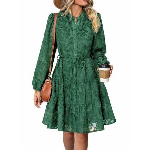 Womens Long Sleeve Fall Dresses 2025 Button Up Waist with Belt A-Line Mini Dress Casual Fall Winter Dress Dark Green M