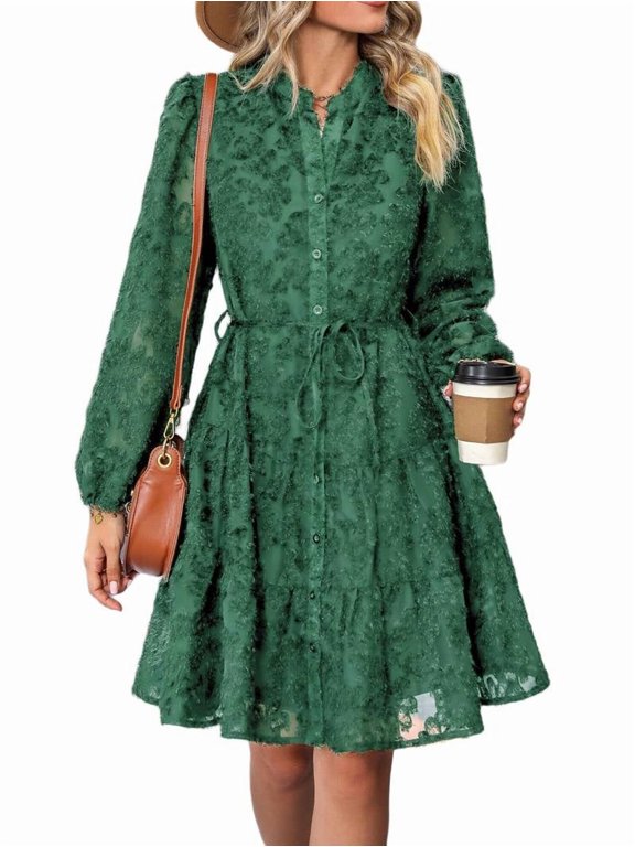 Womens Long Sleeve Fall Dresses 2025 Button Up Waist with Belt A-Line Mini Dress Casual Fall Winter Dress Dark Green S