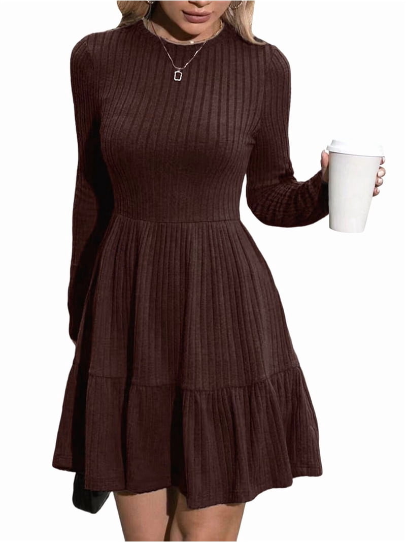 knit knee length dress Womens Long Sleeve Fall Dresses with Flowy Casual Ribbed Crew Neck Sweater Brown S NoDiscount