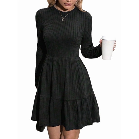 Womens Long Sleeve Fall Dresses with Flowy Casual Ribbed Knit Crew Neck Knee Length Sweater Dress