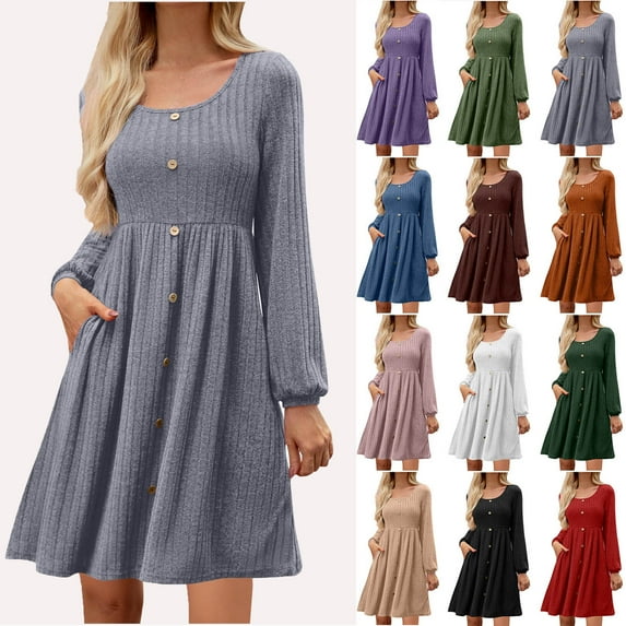 Womens Long Sleeve Fall Dresses with Pockets V Neck Button Casual Badydoll Knit Sweater Dress 2025 Ndbuld ,Gray,M