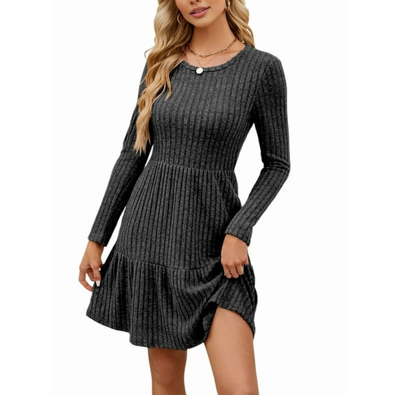 Womens Long Sleeve Fall Short Dress Casual Ribbed Knit Crewneck Flowy A Line Sweater Dresses with Pockets Grey L